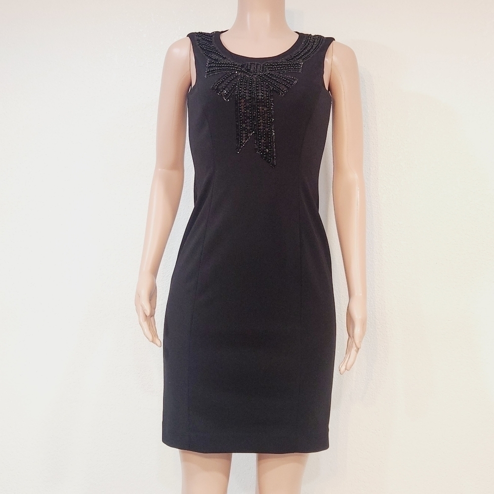 Alex Marie Black Cocktail Sequin & Beaded Bow Design Sheath Cocktail Dress Sz 2P